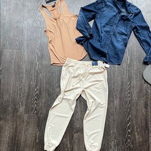 Stylish Outfit Cream Joggers, Denim button up and Copper Tank